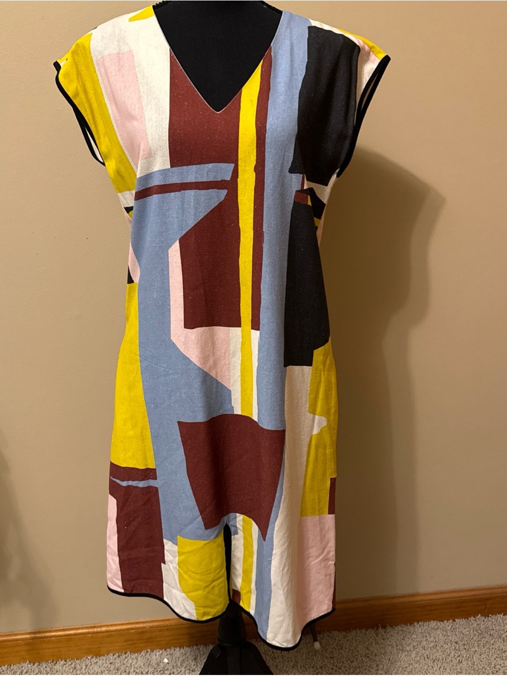 Abstract Geo-Panel V-Neck Midi Dress 100% Silk in Yellow, Blue & Maroon